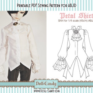 Puede incluir: Patrón de costura PDF imprimible para una camisa de pétalos para muñecas ABJD a escala 1/4 (45 cm). El patrón incluye un dibujo de línea de la camisa con detalles de volantes.