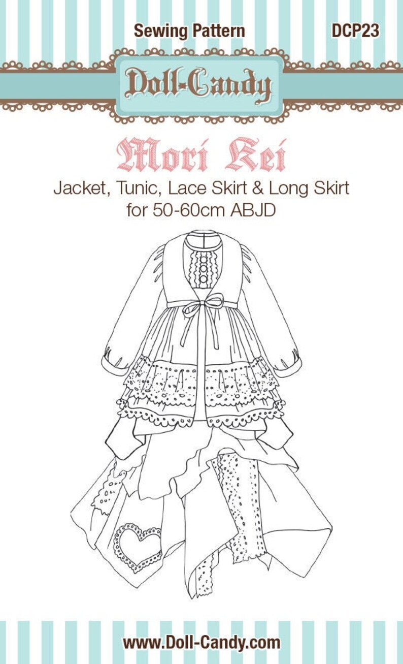 May include: A black and white line drawing of a Mori Kei doll outfit sewing pattern. The outfit includes a jacket, tunic, lace skirt, and long skirt. The pattern is for dolls 50-60 cm tall. The text "Doll-Candy Mori Kei" is at the top of the image.