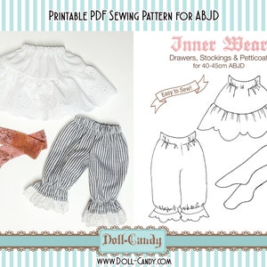 May include: Printable PDF sewing pattern for 40-45cm ABJD dolls. The pattern includes instructions for making a petticoat, drawers, and stockings. The pattern is labeled "Inner Wear" and "Easy to Sew!"