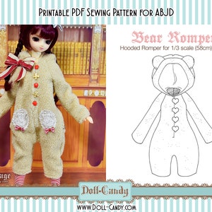 May include: Printable PDF sewing pattern for a bear romper for 1/3 scale (58cm) ABJD dolls. The pattern includes a hooded romper with a cute bear face and heart details.