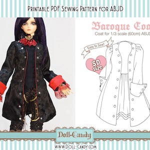 May include: Printable PDF sewing pattern for a Baroque Coat for a 60cm ABJD doll. The pattern includes instructions for sewing a coat with a long, flowing skirt and a high collar. The pattern is labeled "Easy to Sew!" and "SD size".