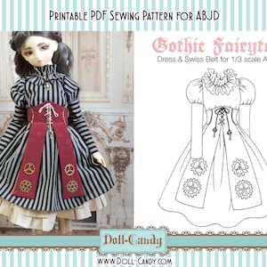 Puede incluir: Patrón de costura PDF imprimible para un vestido de cuento de hadas gótico y un cinturón suizo para una muñeca ABJD a escala 1/3. El patrón incluye un vestido a rayas blancas y negras con un corpiño rojo y un cinturón suizo con engranajes. El patrón se muestra en una muñeca que lleva el vestido.