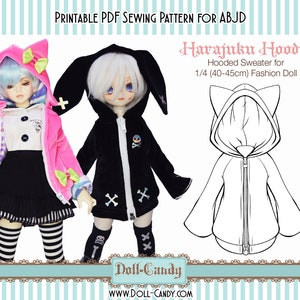May include: Printable PDF sewing pattern for ABJD dolls. The image shows two dolls wearing Harajuku hoodies, one pink and one black. The pattern includes a line drawing of the hoodie. Text on the image reads "Harajuku Hoodie" and "Doll-Candy".
