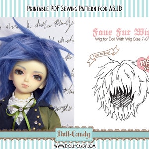 Puede incluir: Patrón de costura PDF imprimible para una peluca de pelo sintético para una muñeca con una talla de peluca de 7-8 pulgadas. El patrón está etiquetado como "¡Fácil de coser!" y "Talla MSD".