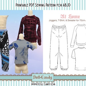 May include: Printable PDF sewing pattern for a 70cm ABJD doll. The pattern includes a pair of joggers, a t-shirt, and a sweater. The pattern is titled "At Home".
