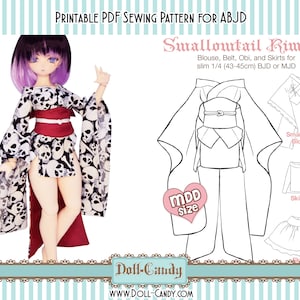 May include: Printable PDF sewing pattern for a swallowtail kimono for a 1/4 (43-45cm) BJD or MJD doll. The pattern includes a blouse, belt, obi, and two skirt options. The pattern is labeled "MDD size".