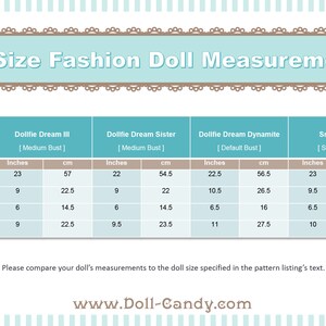 May include: A chart showing the measurements in inches and centimeters for different 1/3 scale fashion dolls, including Dollfie Dream III, Dollfie Dream Sister, Dollfie Dream Dynamite, and Smart Doll. The chart includes measurements for height, bust, waist, and hips.