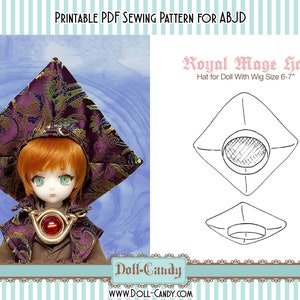 May include: A printable PDF sewing pattern for a doll hat. The pattern is for a "Royal Mage Hat" for dolls with a wig size of 6-7 inches. The pattern includes two diagrams of the hat.