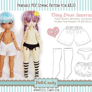 May include: Printable PDF sewing pattern for making doll clothes for a 28-30 cm doll. The pattern includes instructions for making a panty, boxers, bloomers, and socks. The pattern is labeled "Yo-SD size" and is for a doll with a chubby pear-shaped body.