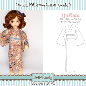 May include: Printable PDF sewing pattern for a Yukata, shirt, skirt, and obi belt for 26-30 cm ABJD dolls. The pattern includes a line drawing of the outfit on a doll.