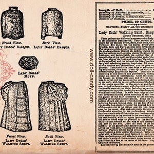 May include: A vintage sewing pattern for a doll's walking outfit, including a skirt, basque, and muff. The pattern includes instructions and diagrams for sewing each piece. The pattern is for a 12-inch doll and requires 0.5 yards of fabric.