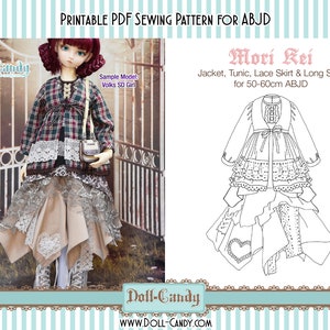 May include: Printable PDF sewing pattern for Mori Kei doll clothes. The pattern includes a jacket, tunic, lace skirt, and long skirt for 50-60 cm ABJD dolls. The pattern is illustrated with a line drawing of the outfit on a doll.
