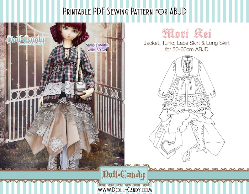 May include: Printable PDF sewing pattern for Mori Kei doll clothes. The pattern includes a jacket, tunic, lace skirt, and long skirt for 50-60 cm ABJD dolls. The pattern is illustrated with a line drawing of the outfit on a doll.