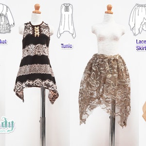May include: Five doll-sized clothing items on mannequins. A plaid shirt with lace trim, a sleeveless black and brown top with lace trim, a brown lace tunic, a brown lace skirt, and a brown skirt with lace trim.