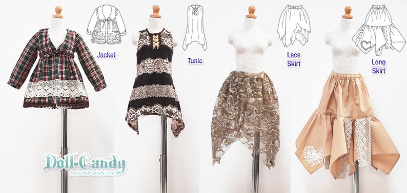 May include: Five doll-sized clothing items on mannequins. A plaid shirt with lace trim, a sleeveless black and brown top with lace trim, a brown lace tunic, a brown lace skirt, and a brown skirt with lace trim.