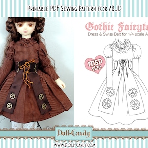 May include: Printable PDF sewing pattern for a Gothic Fairytale dress and Swiss belt for a 1/4 scale ABJD doll. The pattern includes a line drawing of the dress with a lace collar and a corset-style bodice with a lace-up front. The pattern is labeled "MSD size".