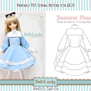 May include: Printable PDF sewing pattern for a doll dress and collar. The pattern is for a 1/3 scale ABJD doll. The dress is a light blue pastoral style with a white collar and three tiers. The pattern is called "Pastoral Dress".