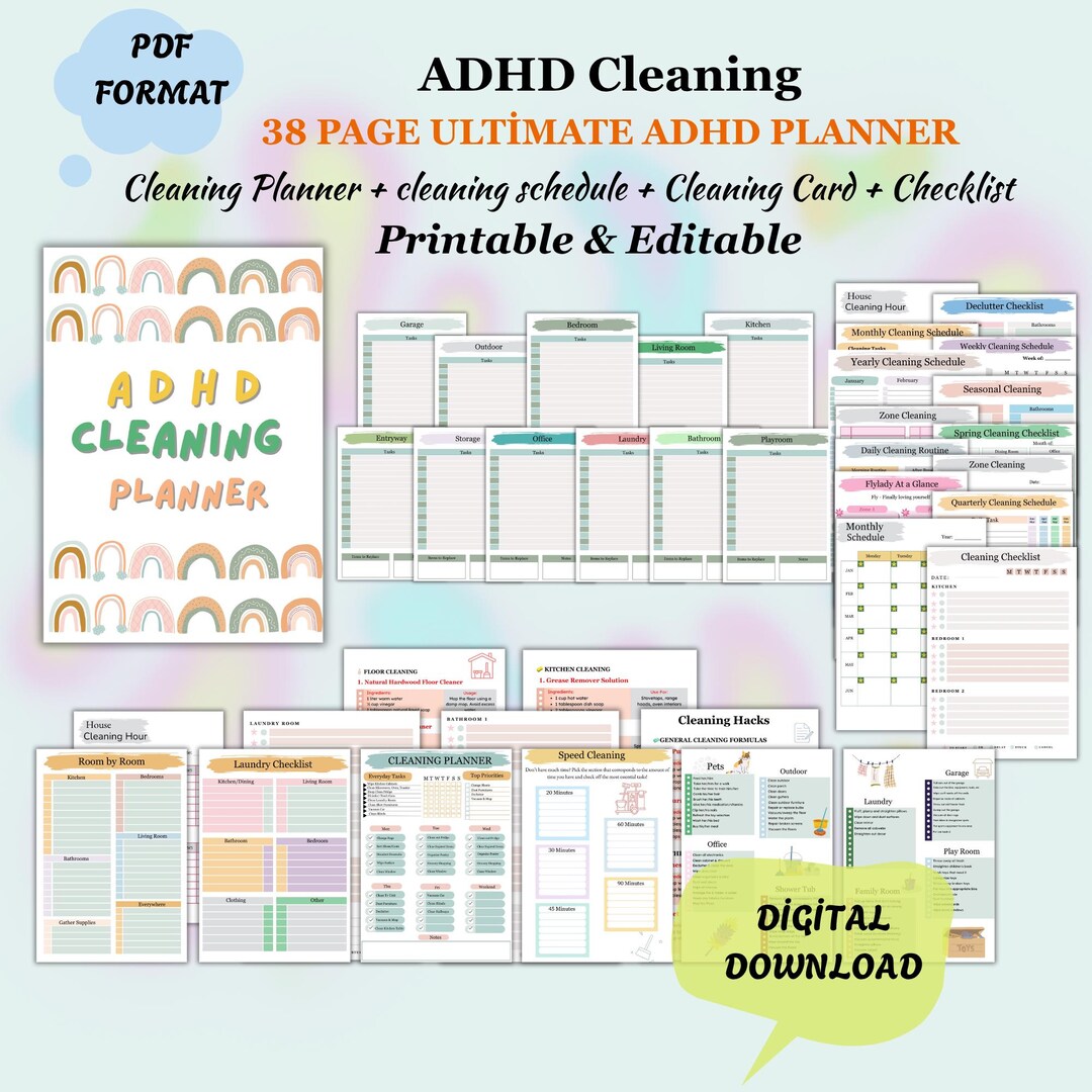 Editable ADHD Cleaning Planner Bundle, Weekly, Monthly Schedules ...