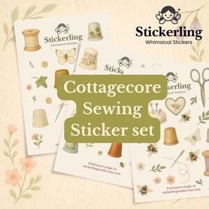 Stickers couture Cottagecore | 3 feuilles A6 | dés à coudre, du fil, des abeilles et des fleurs | Papeterie Pastel vintage