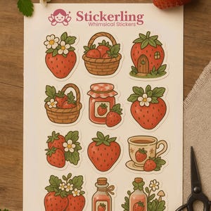 Grillige Cottagecore Strawberry-stickers - voor tijdschriften, bujo, penvrienden en scrapbooking