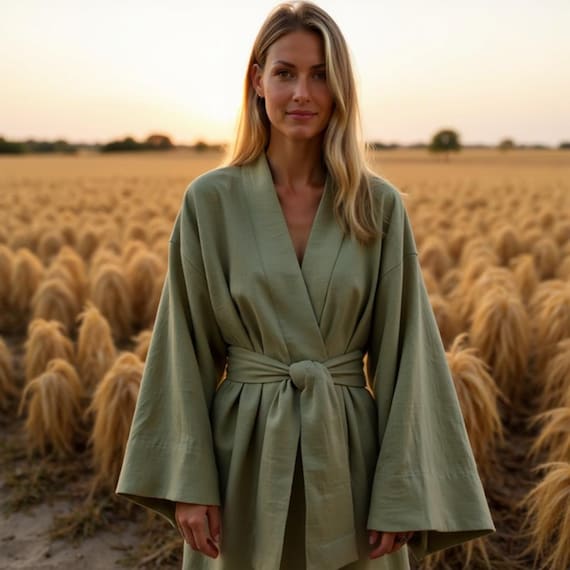V-Neck Kimono Dress - Linen Robe, Summer Casual Gift Idea, Sizes S to 2XL, Green