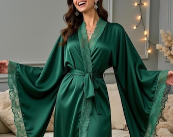 Long Satin Kimono Robe - Silk Sleepwear, Lace Nightgown - Wedding Gift, Birthday Present - S/M/L