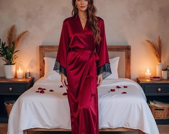 Elegant Satin Lace Robe for Women - Silk Robe, Kimono Nightwear, Birthday or Romantic Gift Idea, One Size, Red