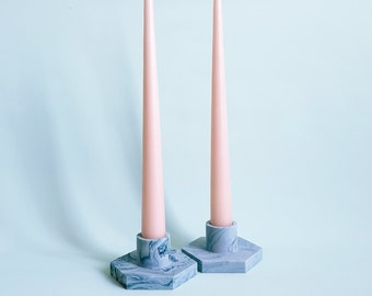 Handmade Eco-Resin Hexagonal Candle Holders - Marbled Sea Mist Blue (Set of 2)
