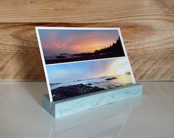 Photo Ledge - handmade from eco resin, marbled sea mist blue, eco friendly, for photos, postcards, cards, calendars