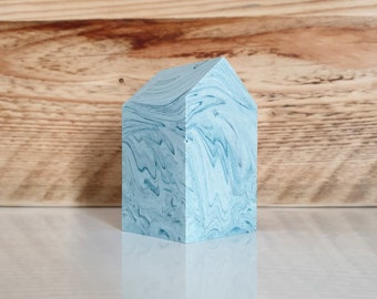 Little House Paperweight Ornament - handmade from eco resin, marbled sea mist blue, eco friendly