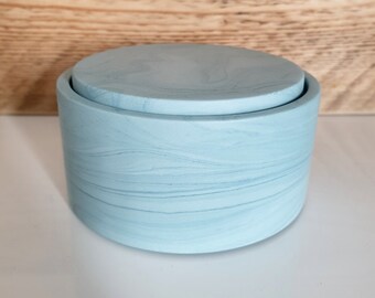 Short Round Pot with Inset Lid - handmade from eco-resin, marbled sea mist blue, eco friendly