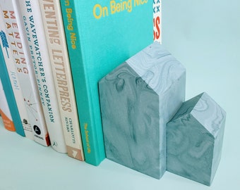 Bookend - Little Houses - handmade from eco resin, marbled sea mist blue, eco friendly