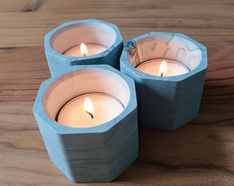 Octagonal Tealight Candle Holders - Set of 3 - handmade from eco-resin, marbled sea mist blue, eco friendly