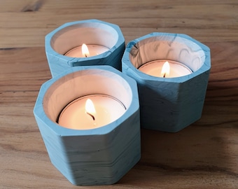 Handmade Octagonal Tealight Candle Holders: Marbled Sea Mist Blue Eco-Resin, Set of 3
