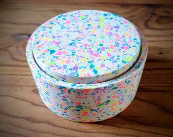 Short Round Pot with Inset Lid - handmade from eco-resin, rainbow terrazzo speckle