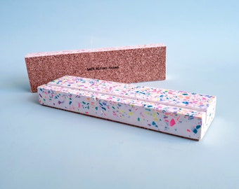 Photo Ledge - rainbow mini terrazzo speckle, handmade from eco resin, eco friendly, for photos, postcards, cards, calendars