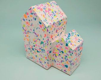 Bookend - Little Houses - handmade from eco resin, rainbow terrazzo and white