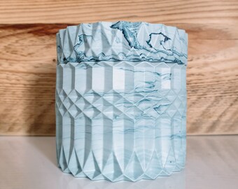 Handmade Geometric Pot: Marbled Sea Mist Blue Eco Resin Trinket Pot