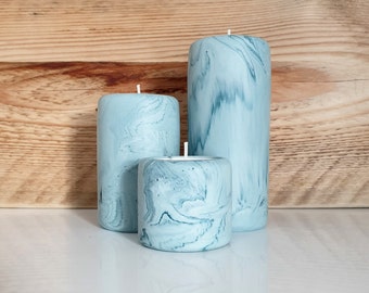 Pillar Tealight Candle Holders - Set of 3 - handmade from eco-resin, marbled sea mist blue, eco friendly