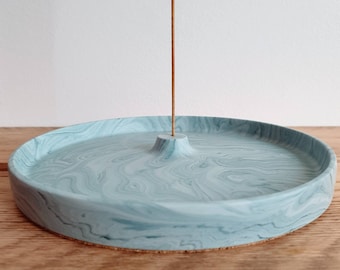 Incense Stick Holder - large round incense holder, handmade from eco resin, sea mist marble