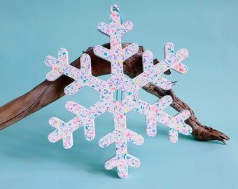 Large Snowflake Christmas Decoration - handmade from eco-resin, rainbow mini terrazzo speckle