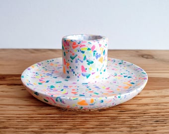 Candle Holders - Round - Set of 2 - handmade from eco-resin, rainbow mini terrazzo speckle