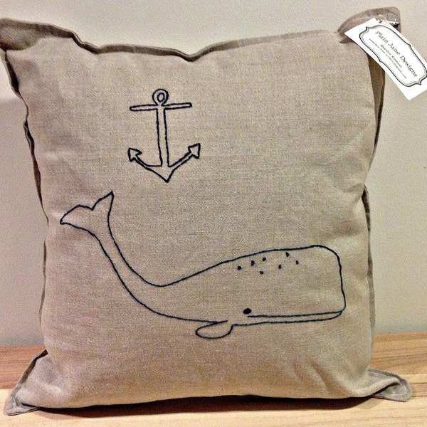 Hand Embroidered Decorative Pillow with Whale and Anchor