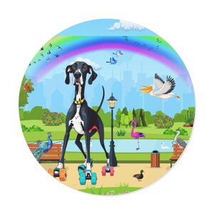 Adesivo de Dogue Alemão de Patins – Amigos Pássaros, Arte Arco-Íris (5x5 cm)