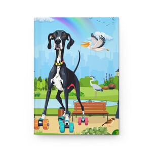 May include: A black and white dog wearing a red collar and roller skates is skating in a park. A rainbow is in the sky above the dog. There are birds and a heron in the background.