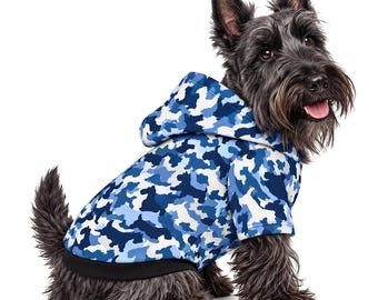 Small Dog Camo Hoodie, Blue Camouflage Pet Clothes, Scottish Terrier Style Dog Apparel