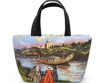 Torba podróżna z zamkiem Windsor, torba podróżna z brytyjskimi kolejami, prezent vintage z Anglii, pies rasy terier szkocki