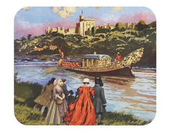 Miniaturowa podkładka na stół z zamkiem Windsor, sztuka brytyjskich kolei, wystrój w stylu vintage w Anglii, pies rasy szkockiej