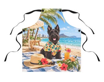Fartuch z motywem szkockiego teriera z kurortu Hawaii | Sztuka z motywem psa na tropikalnej plaży | Fartuch kuchenny z motywem szkockiego teriera Aloha | Hawajski prezent dla miłośników psów