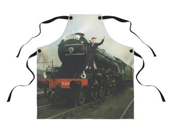 Fartuch z motywem teriera szkockiego Flying Scotsman | Sztuka zabytkowego pociągu parowego | Wyjątkowy prezent dla miłośnika psów